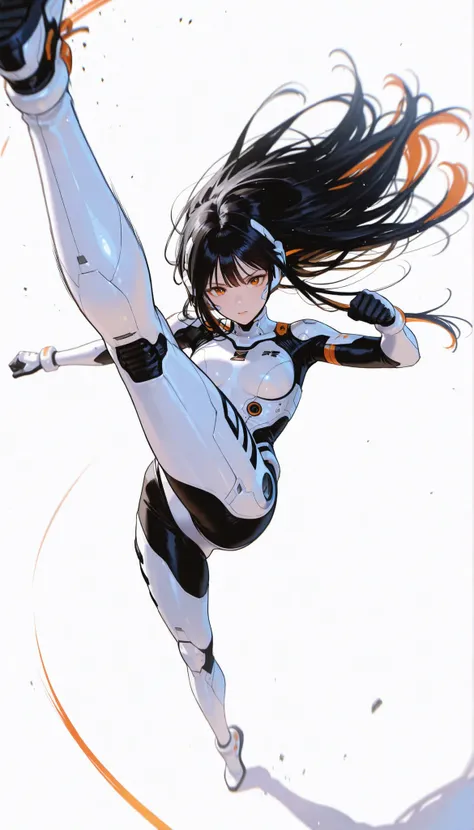 from above 、Japanese High School Girl Wearing a Bodysuit with a Futuristic Off-White Base and Orange Accents Android、long black hair,straight long hair,fighter、Dynamic Angle、Dynamic Jumping Kick Poses、white background,best image quality、4K、Precise Depicti...
