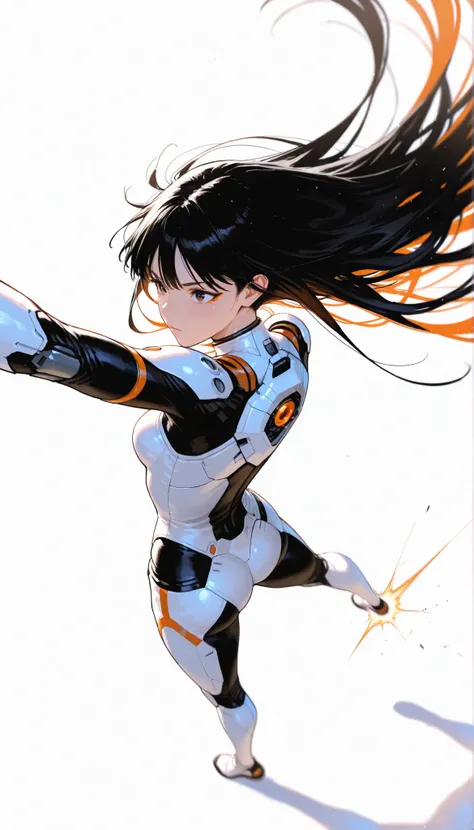 from above 、Japanese High School Girl Wearing a Bodysuit with a Futuristic Off-White Base and Orange Accents Android、long black hair,straight long hair,fighter、Dynamic Angle、Dynamic Jumping Kick Poses、white background,best image quality、4K、Precise Depicti...
