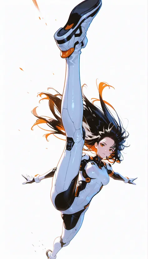 from above 、Japanese High School Girl Wearing a Bodysuit with a Futuristic Off-White Base and Orange Accents Android、long black hair,straight long hair,fighter、Dynamic Angle、Dynamic Jumping Kick Poses、white background,best image quality、4K、Precise Depicti...