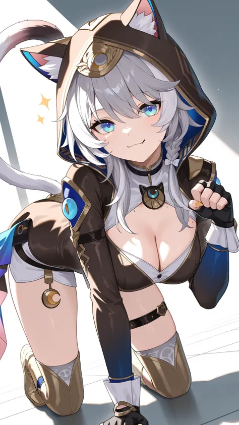 masterpiece,best quality,highre,ultra-detailed,detailed illustration,source_anime,1girl,solo,cipher \(honkai star rail\),tail, grey hair,blue eyes, gloves, animal ears, hood, cat tail, cat ears, hood up, black gloves, fingerless gloves, cat girl, animal ho...