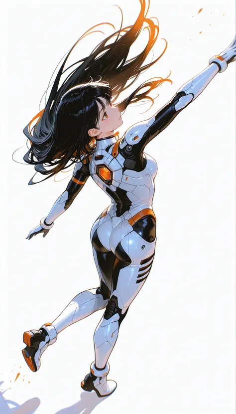 from above 、Japanese High School Girl Wearing a Bodysuit with a Futuristic Off-White Base and Orange Accents Android、long black hair,straight long hair,fighter、Dynamic Angle、Dynamic leaping spin kick poses、white background,best image quality、4K、Precise De...