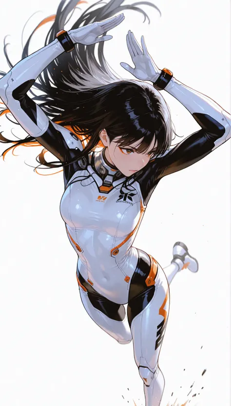 from above 、Japanese High School Girl Wearing a Bodysuit with a Futuristic Off-White Base and Orange Accents Android、long black hair,straight long hair,fighter、Dynamic Angle、Dynamic Leap、Spin Kick Pose、white background,best image quality、4K、Precise Depict...