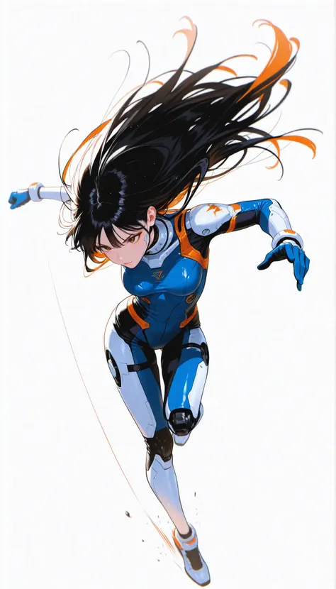 from above 、Japanese High School Girl Wearing a Bodysuit with a Futuristic Off-White Base and Orange Accents Android、long black hair,straight long hair,fighter、Dynamic Angle、Dynamic Leap、Spin Kick Pose、white background,best image quality、4K、Precise Depict...