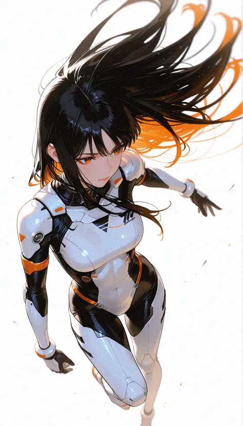 from above 、Japanese High School Girl Wearing a Bodysuit with a Futuristic Off-White Base and Orange Accents Android、long black hair,straight long hair,fighter、Dynamic Angle、Dynamic Leap、white background,best image quality、4K、Precise Depiction、sense of sp...