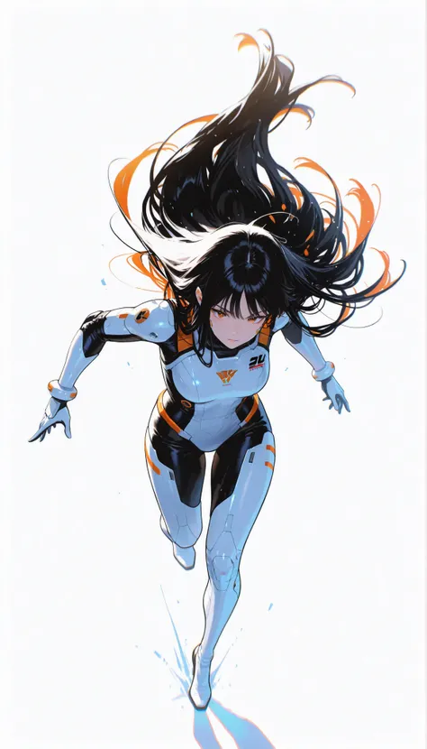 from above 、Japanese High School Girl Wearing a Bodysuit with a Futuristic Off-White Base and Orange Accents Android、long black hair,straight long hair,fighter、Dynamic Angle、Dynamic Leap、fall from a height on the background、white background,best image qua...