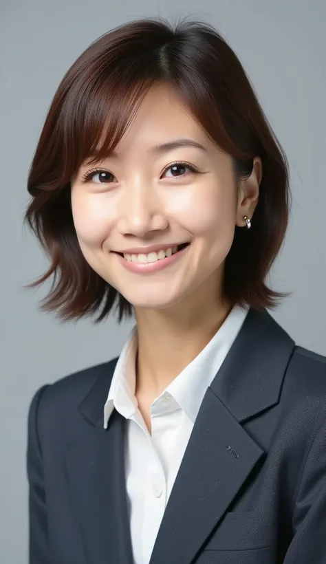 Passport photo of a neat young woman、looking in front、、looking at the camera、office lady suit、jacket、shirt、ear piercings、、 、hairstyle short hair、smile showing teeth、、face close-up、grey background、