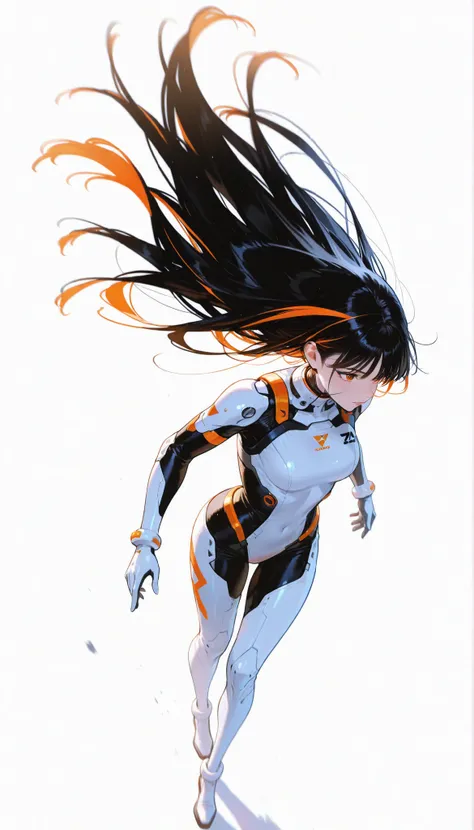 from above 、Japanese High School Girl Wearing a Bodysuit with a Futuristic Off-White Base and Orange Accents Android、long black hair,straight long hair,fighter、Dynamic Angle、Dynamic Leap、jump、white background,best image quality、4K、Precise Depiction、sense ...