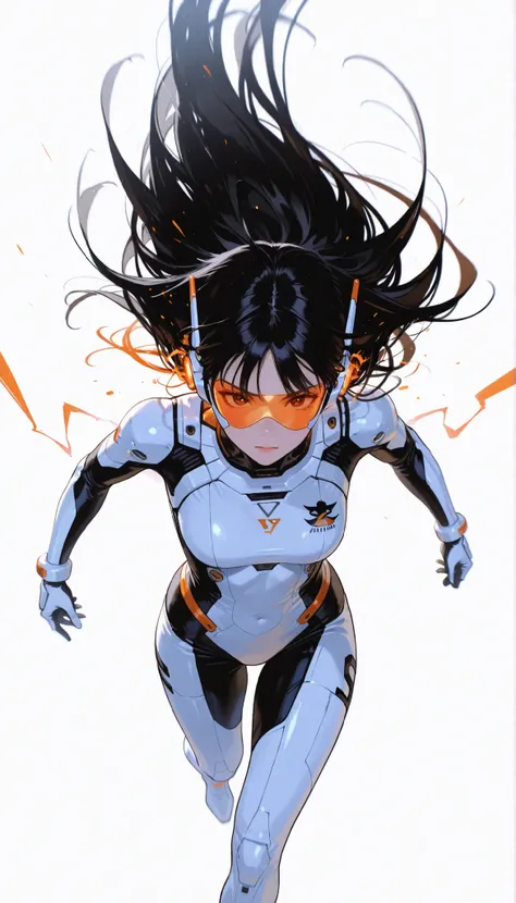 from above 、Japanese High School Girl Wearing a Bodysuit with a Futuristic Off-White Base and Orange Accents Android、long black hair,straight long hair,fighter、Dynamic Angle、Dynamic Leap、jump、white background,best image quality、4K、Precise Depiction、sense ...