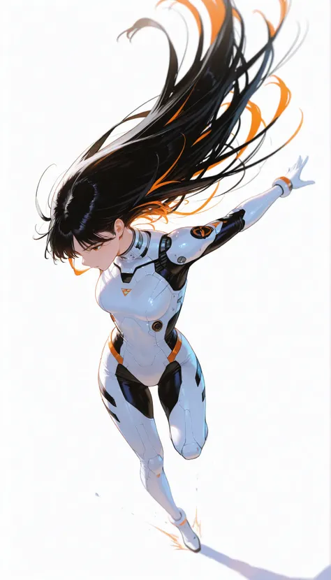 from above 、Japanese High School Girl Wearing a Bodysuit with a Futuristic Off-White Base and Orange Accents Android、long black hair,straight long hair,fighter、Dynamic Angle、Dynamic Leap、long jump、white background,best image quality、4K、Precise Depiction、s...