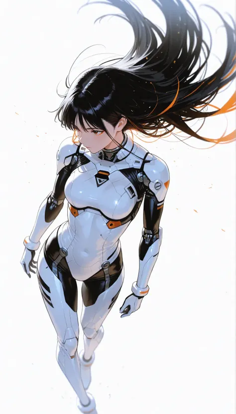 from above 、Japanese High School Girl Wearing a Bodysuit with a Futuristic Off-White Base and Orange Accents Android、long black hair,straight long hair,fighter、Dynamic Angle、Dynamic Leap、long jump、white background,best image quality、4K、Precise Depiction、s...