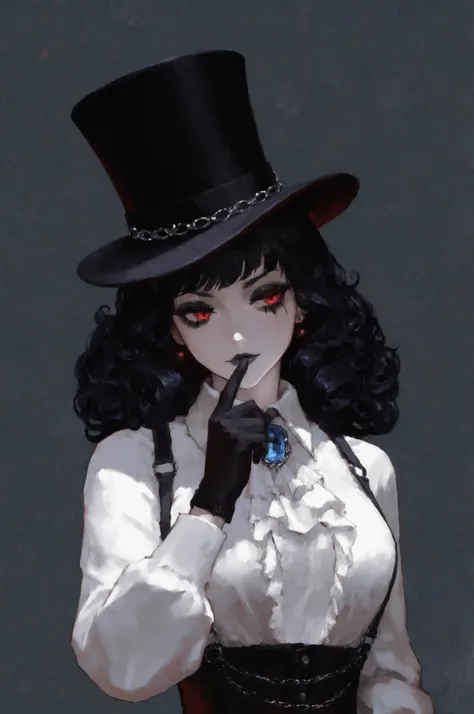A highly detailed digital illustration of a mysterious woman with striking red, curly hair, partially covered by a large, dramatic black top hat. She has piercing, intense eyes with dark makeup, a pale complexion, and a contemplative expression, with her f...