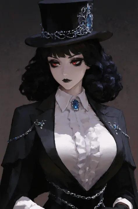 A highly detailed digital illustration of a mysterious woman with striking red, curly hair, partially covered by a large, dramatic black top hat. She has piercing, intense eyes with dark makeup, a pale complexion, and a contemplative expression, with her f...