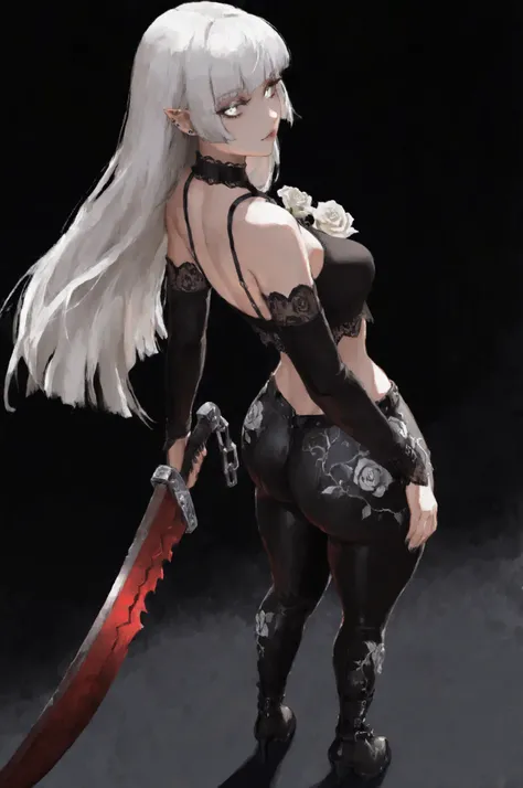 1girl, vampire, standing, segmented blade sword, fair skin, cropped white lace gothic top, piercings, beautifully detailed white eyes, long thick white hair, hime cut,looking back at viewer, thick thighs, leather mesh gothic white rose print pants, long ...