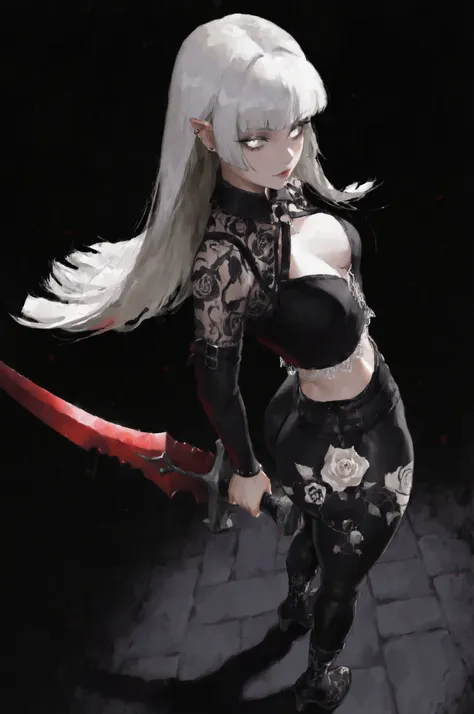 1girl, vampire, standing, segmented blade sword, fair skin, cropped white lace gothic top, piercings, beautifully detailed white eyes, long thick white hair, hime cut,looking back at viewer, thick thighs, leather mesh gothic white rose print pants, long ...