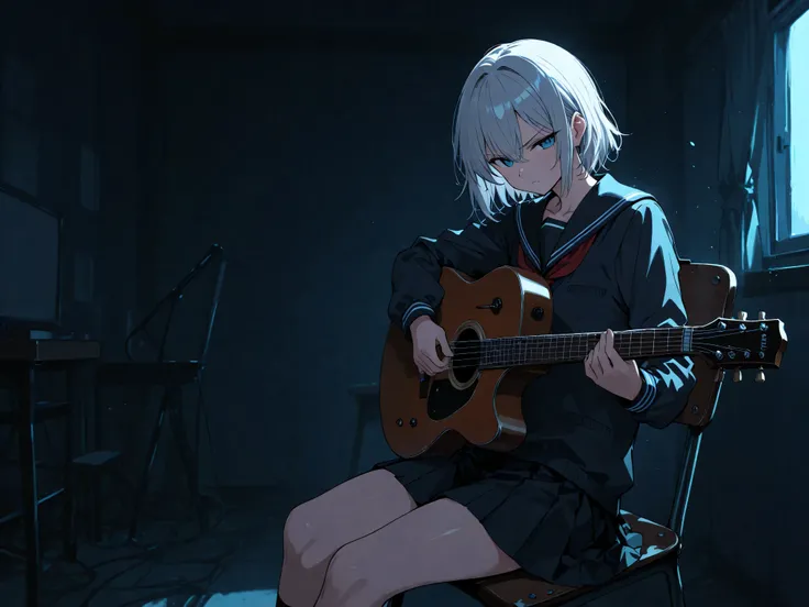 1 girl, Silver Hair,short hair,serious expression,school uniform,Parker,dark room,sitting on a chair,is playing guitar,High Quality,4K,Details Precise,HDR,Professional