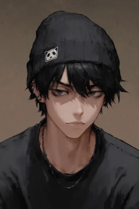 1boy, male focus, gothic male, black hair, piercings, beanie, masterpiece, best quality,absurdres , digital art style, drawn aesthetic, concept painting, ultrahigh definition,masterpiece, best quality, amazing quality, newest, very aesthetic,
