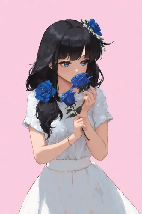 a girl, long hair, hime style, best quality, masterpiece, best quality, extremely detailed, transparent background, hair flower(rose), chromatic abbreviation, black hair, holding, blue eyes, blue rose, ,hirajuku fashion,,pastel style