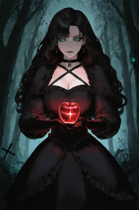 1girl, dark fairy tale theme, gothic style, holding a glowing cursed apple, vampire vibes, long wavy black hair,green eye, black gothic dress with frills, black gloves, black cross earrings, black choker with gemstone, background with bats horror atmospher...