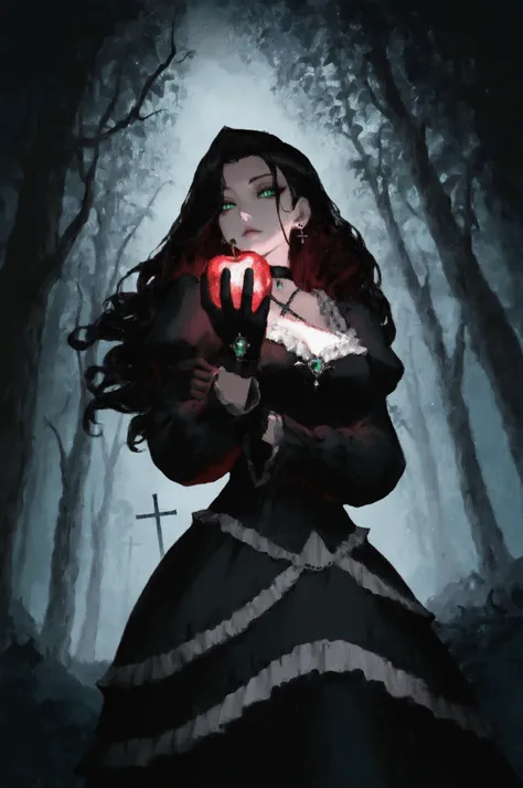 1girl, dark fairy tale theme, gothic style, holding a glowing cursed apple, vampire vibes, long wavy black hair,green eye, black gothic dress with frills, black gloves, black cross earrings, black choker with gemstone, background with bats horror atmospher...