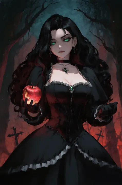 1girl, dark fairy tale theme, gothic style, holding a glowing cursed apple, vampire vibes, long wavy black hair,green eye, black gothic dress with frills, black gloves, black cross earrings, black choker with gemstone, background with bats horror atmospher...