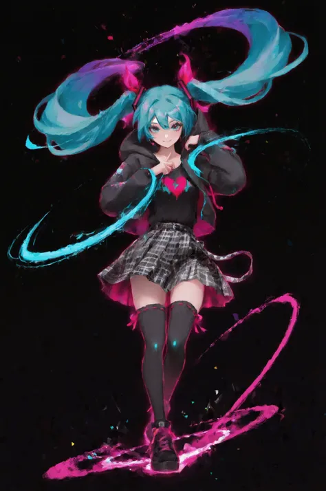 1girl, cowboy shot, smile, full body,
hatsune miku, black background, colorful hearts, vibrant, pink glowing outline, neon, abstract background, looking at viewer, ribbon-trimmed thighhighs, gingham skirt, hooded jacket, black top, dynamic pose, punk, kaw...