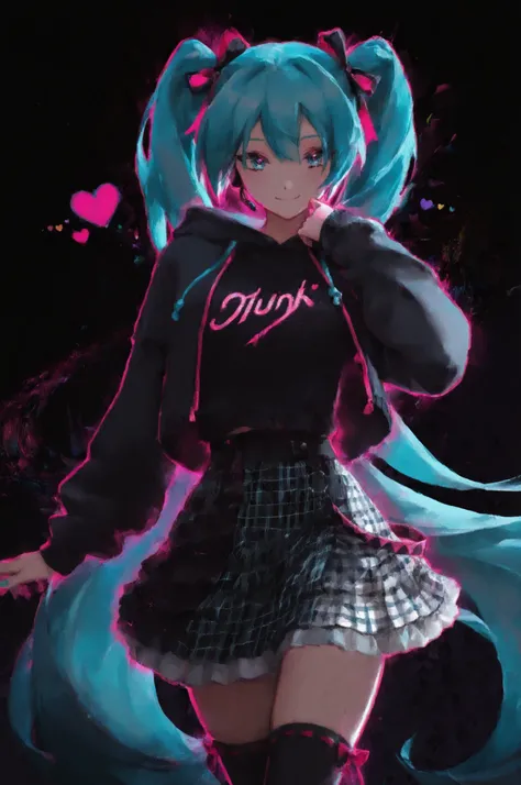 1girl, cowboy shot, smile, full body,
hatsune miku, black background, colorful hearts, vibrant, pink glowing outline, neon, abstract background, looking at viewer, ribbon-trimmed thighhighs, gingham skirt, hooded jacket, black top, dynamic pose, punk, kaw...