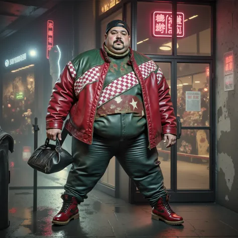 a fat 400 pound massively obese asian man with full-gigured body wearing a bredwhtredcheckercrjkt heavy leather jacket that is red and green with a white and pink checkered stripe across the chest diagonally, the man is at the side of a large mall building...