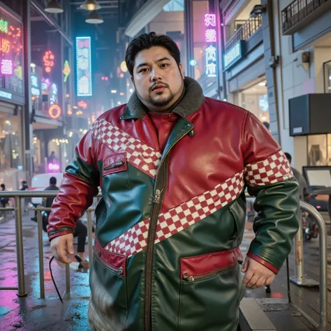 a fat 400 pound massively obese asian man with full-gigured body wearing a bredwhtredcheckercrjkt heavy leather jacket that is red and green with a white and pink checkered stripe across the chest diagonally, the man is at the side of a large mall building...