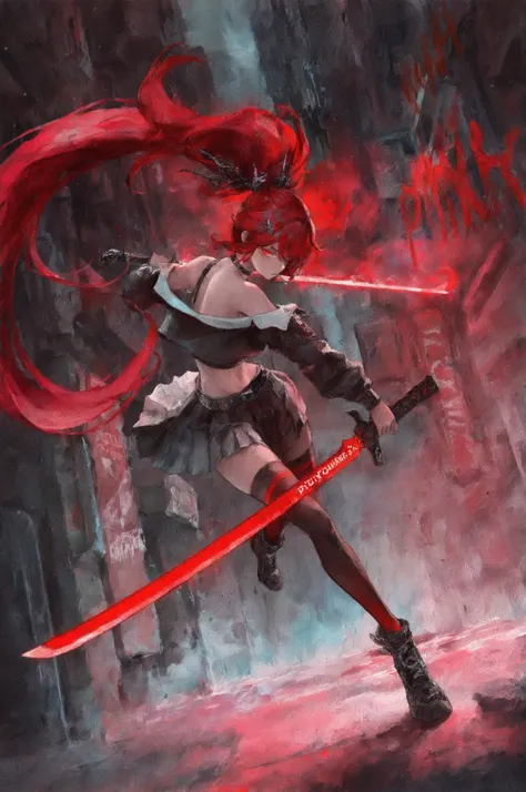 1girl, looking at viewer, watercolor, full body, glowing red eyes, cigarette, beautiful girl, red hair, very long hair, ponytail, hair ornament, bare shoulder, skirt, pleated, choker, thighhighs, crop top, holding sword, huge futuristic punk style word, dy...