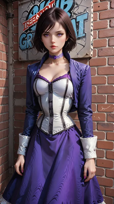 elizabethshadow, purple jacket,choker,corset,cropped jacket, purple dress, , brick wall with graffiti at background
