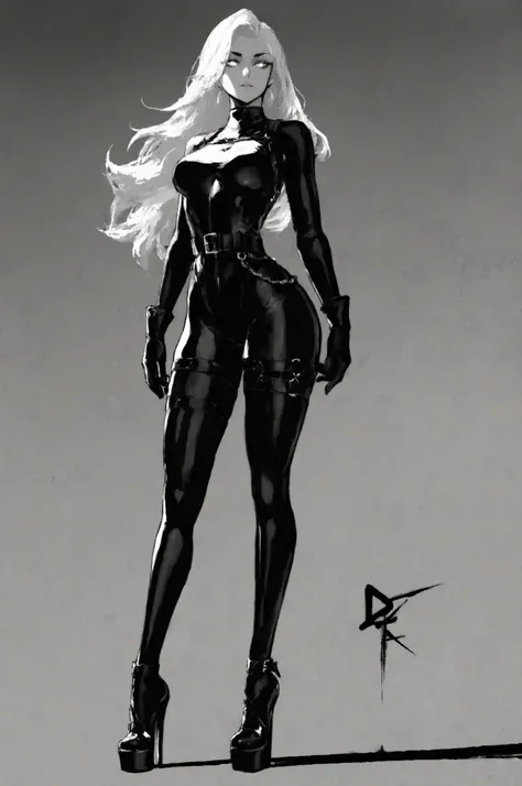 1girl, white hair, hime-style, white eyes, black and white illustration, lineart focus, monochrome ink style, high contrast shadows, black bodysuit, leather belt, leather thigh strap, black gloves, black high heels, platform heels