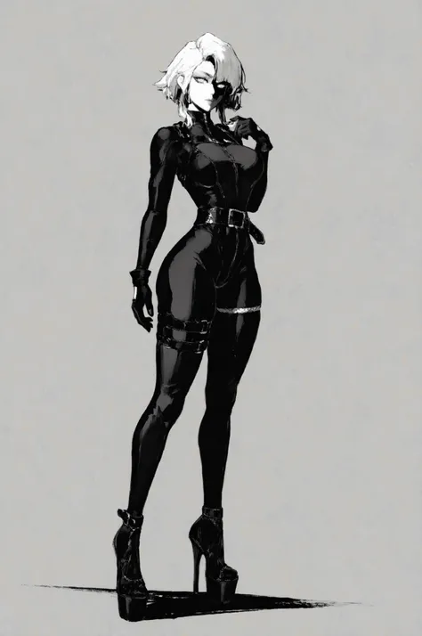 1girl, white hair, hime-style, white eyes, black and white illustration, lineart focus, monochrome ink style, high contrast shadows, black bodysuit, leather belt, leather thigh strap, black gloves, black high heels, platform heels