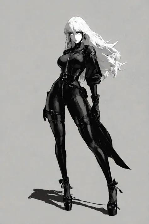 1girl, white hair, hime-style, white eyes, black and white illustration, lineart focus, monochrome ink style, high contrast shadows, black bodysuit, leather belt, leather thigh strap, black gloves, black high heels, platform heels