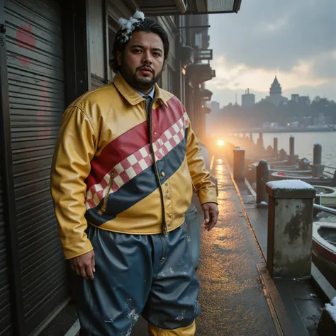 ,an immensely obese 58 year old black man wearing a shiny gold and yellow bredwhtredcheckercrjkt leather jacket with a heavy red and pink checkered stripe diagonal across the chest, the man wears blue polished leather pants, the man is in a dimly lit alley...