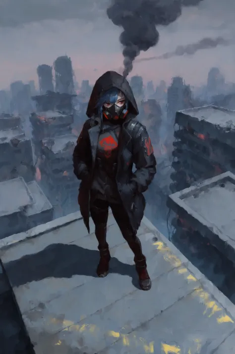 1girl, blue hair, red eyes, punk, hood up, hoodie, long sleeves, post-apocalypse, rooftop, posing, from above, gas mask smoke effect, cyberpunk techwear coat