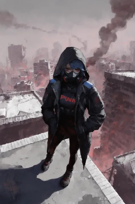 1girl, blue hair, red eyes, punk, hood up, hoodie, long sleeves, post-apocalypse, rooftop, posing, from above, gas mask smoke effect, cyberpunk techwear coat