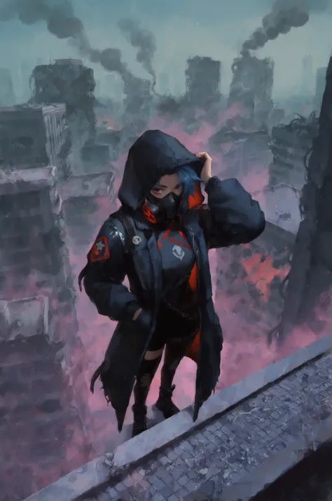 1girl, blue hair, red eyes, punk, hood up, hoodie, long sleeves, post-apocalypse, rooftop, posing, from above, gas mask smoke effect, cyberpunk techwear coat
