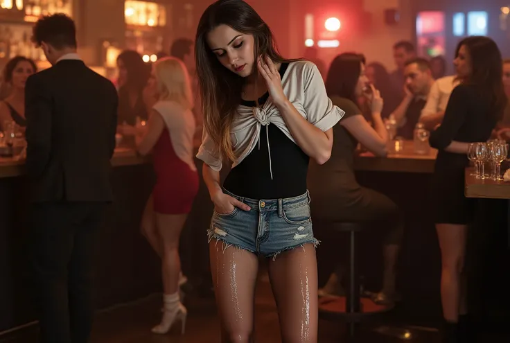 Photorealistic full body picture of a beautiful brunette European girl, totally drunk and wasted, wearing wet denim shorts with wet black pantyhose underneath, short white socks, ankle boots, black leotard, white knotted shirt, peeing herself in crowded ba...