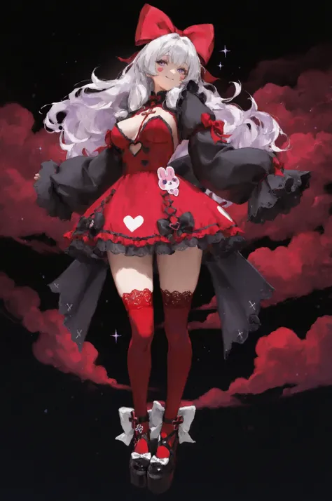 Sticker style, kawaii, 1girl, adult, white hair, lilac eyes, medium breasts, frilly, lace-trimmed red dress with oversized sleeves, heart-shaped buttons, and a big bow on the back, red-colored thigh-high socks with ribbons, cute platform shoes with cross c...