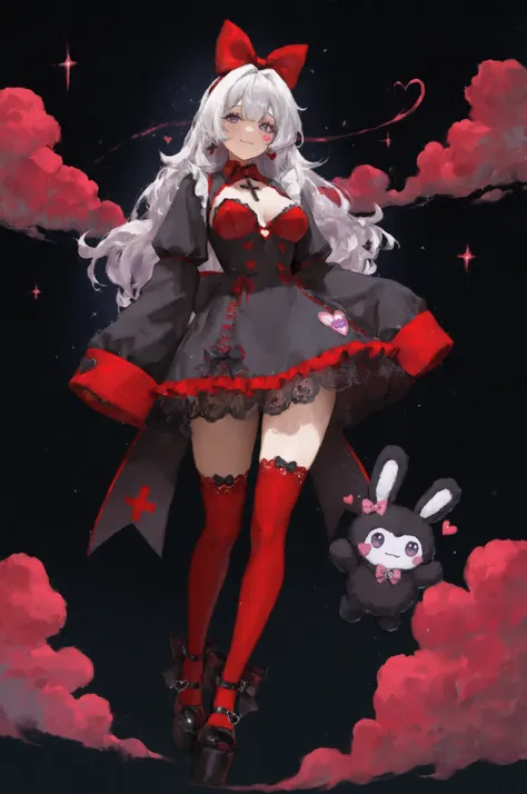 Sticker style, kawaii, 1girl, adult, white hair, lilac eyes, medium breasts, frilly, lace-trimmed red dress with oversized sleeves, heart-shaped buttons, and a big bow on the back, red-colored thigh-high socks with ribbons, cute platform shoes with cross c...