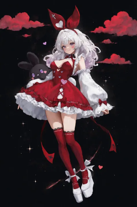 Sticker style, kawaii, 1girl, adult, white hair, lilac eyes, medium breasts, frilly, lace-trimmed red dress with oversized sleeves, heart-shaped buttons, and a big bow on the back, red-colored thigh-high socks with ribbons, cute platform shoes with cross c...