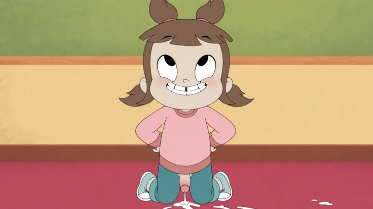 a_ey, missing tooth, 1girl, black eyes, brown hair, bangs, ponytails, high ponytail, elastic band,longsleeve, pants, sneakers pants down, futanari, balls, penis, clenched teeth, cum, excessive cum, cum splatter, rolling eyes, happy,| front view, straight-o...