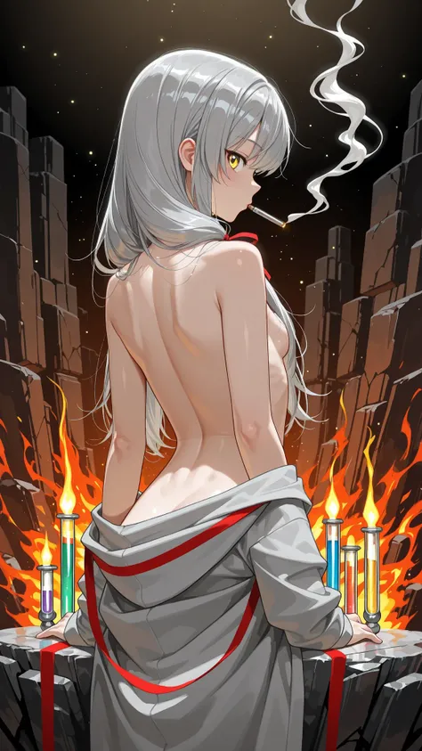 8K (high definition) (Super Detailed)　(masterpiece)　(Highest Quality)　Anime illustration　detailed eyes　detailed face　Feminine Detailed Hand　Delicate hair　detailed wrinkles on clothes　with fine skin　detailed background　solo　yellow eyes　(Grey Hair)　Long hair...