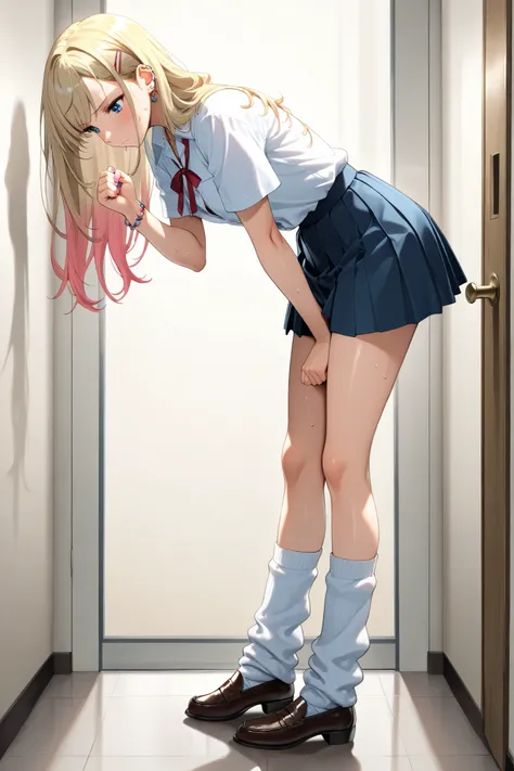 Highest Quality, masterpiece, Ultra Detailed, high definition, absurd, gal high school girl, slim body, feminine curves, Long Legs, Summer Uniform, short pleated skirt,  loose ribbon, button removed and placed on the crotch, Trendy Hairstyles, loose wavy l...