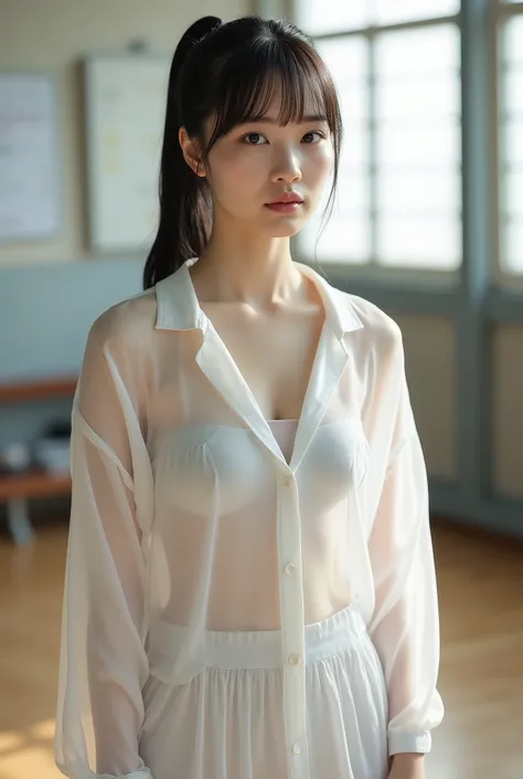 count, Japanese Women, (Bang), white skin,ponytail、
((big boobs:1.5))、Perfect Ideal Body、nipple protrusion under his clothes, sexy, thighs、Japanese Women, Standing in the center foreground,white oversized shirt with open front、((see-through、See-through wi...