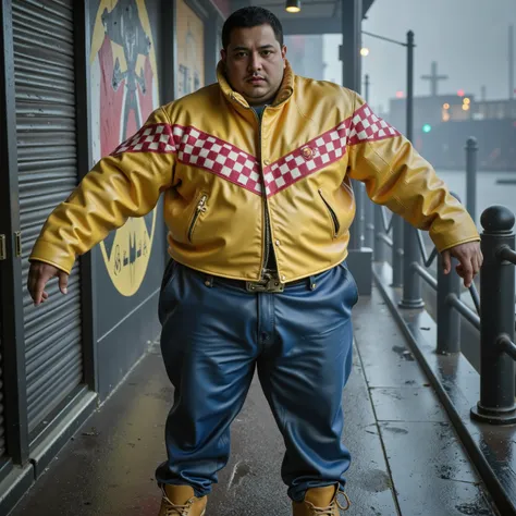 ,an immensely obese 58 year old black man wearing a shiny gold and yellow bredwhtredcheckercrjkt leather jacket with a heavy red and pink checkered stripe diagonal across the chest, the man wears blue polished leather pants, the man is in a dimly lit alley...