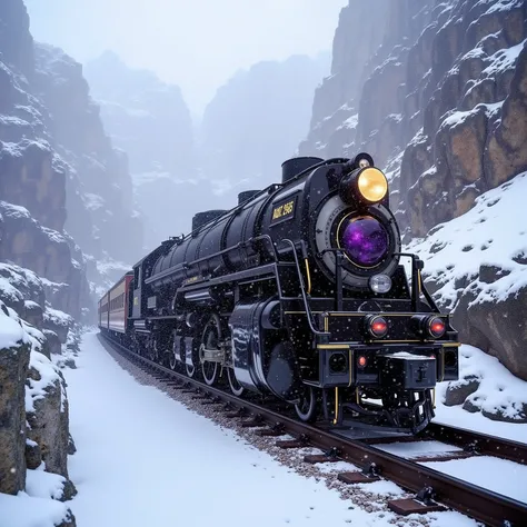 suffocate snowfall is seen over a train traveling in a mountainous rocky region with great purple and white snowcaps covered in exotic gemstones, a train that is shiny black onyx and marble travels along gleaming black and gold tracks, the train is photogr...