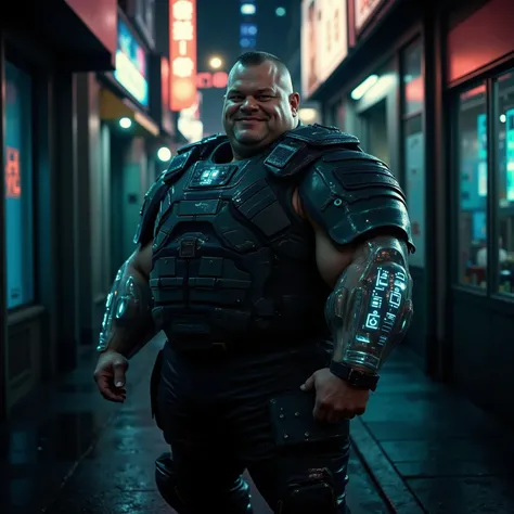 a wide angle portrait of a 350 pound extremely heavy weight muscular man in his late 40s, wearing a heavy shiny black rubber tactical vest with glowing cyan piping over a dark green armored bodysuit made of thick vinyl, standing confidently in a rain-slick...
