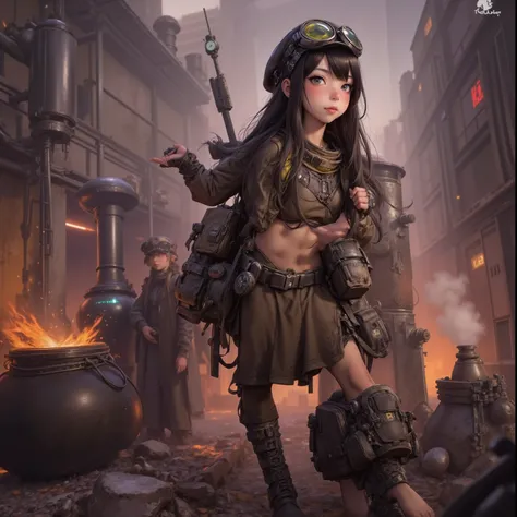 cute alchemist (dingy and dirty, sexy wastelander drab brown outfit, goggles in hair, leather cap, long wild hair, big sturdy boots, fingerless gloves, alchemists backpack) she is setting up a alchemy workspace wih glowing potions and a distillery with a s...