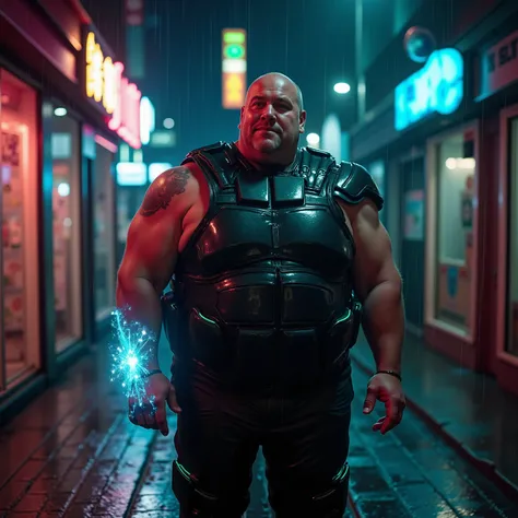 a wide angle portrait of a 350 pound extremely heavy weight muscular man in his late 40s, wearing a heavy shiny black rubber tactical vest with glowing cyan piping over a dark green armored bodysuit made of thick vinyl, standing confidently in a rain-slick...